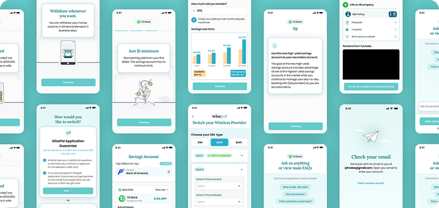 Fintech and support mobile app screens