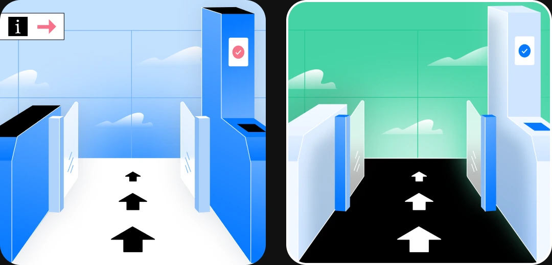 Two of the new gate screens: blue with an information sign, and green with the gate open