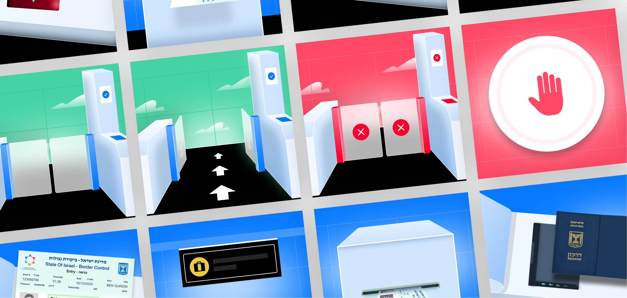 A wall of the new kiosk screens: gates opening, stop signs, passport and boarding pass steps