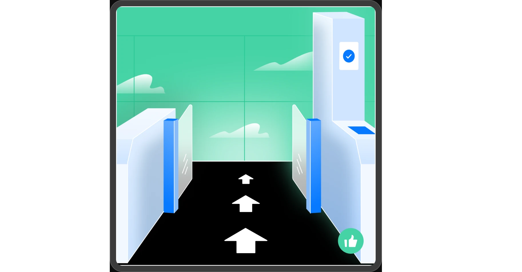 Redesigned kiosk screen: a green gate opening with arrows pointing the way through