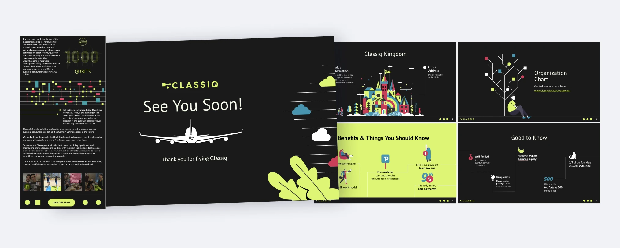 Classiq employer branding: welcome email, See you soon slide and onboarding slides